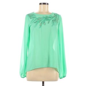 Ya Los Angeles Women's Silk Blend Green Long Sleeve Tulip Back Blouse Sz M